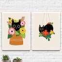 Ver imagem 1 de Kit 2 Quadros Gato Com Flores 33x24cm - com vidro:Madeira branca