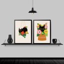 Ver imagem 2 de Kit 2 Quadros Gato Com Flores 33x24cm - com vidro:Madeira branca