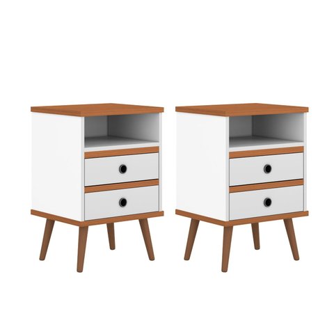 Conjunto 2 Mesas de Cabeceira Pés Palito Alan Branco / Freijó