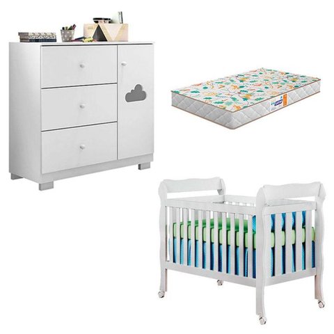 Berço Americano Lila e Cômoda Infantil Ane Branco Brilho com Colchão Gazin - Phoenix Baby