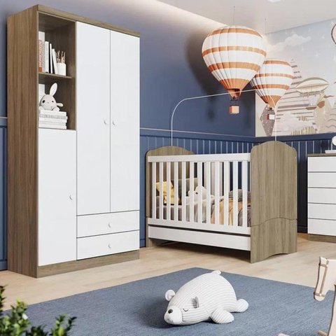 Quarto de Bebê Completo Guarda Roupa 3 Portas 2 Gavetas com Berço 3 em 1 Abracadabra Espresso Móveis Branco/Rústico