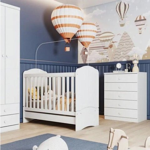 Quarto de Bebê Completo Cômoda 5 Gavetas com Berço 3 em 1 Abracadabra Espresso Móveis Branco
