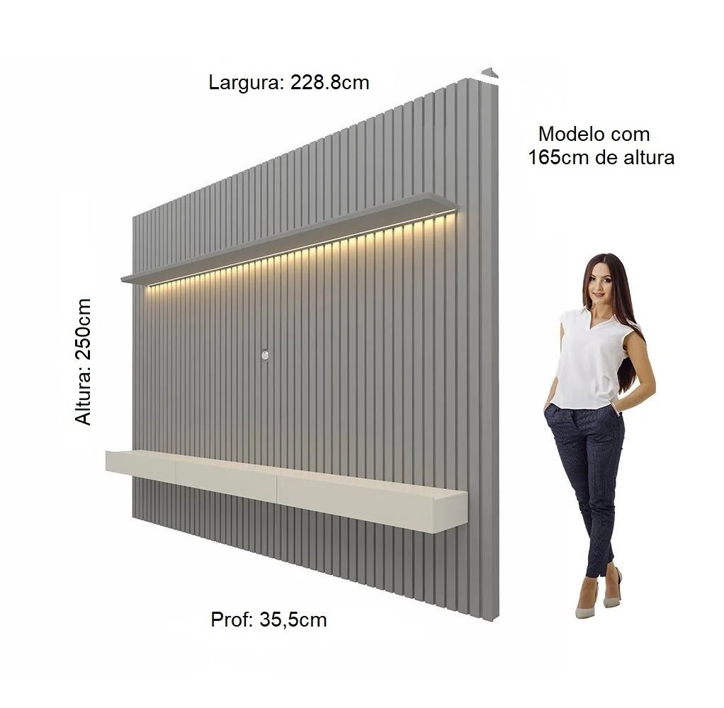 Painel para TV até 90 Polegadas 229x250cm Ripado com LED 3 Gavetas 100% MDF - 4