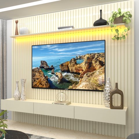 Painel para TV até 90 Polegadas 250cmx228,8cm Ripado com LED 3 Gavetas 100% MDF