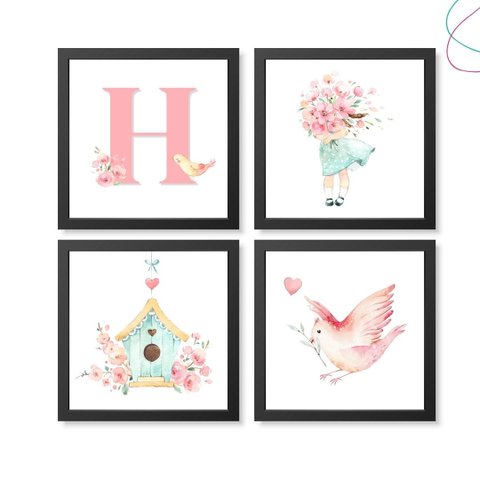 Quadros Decorativos Infantil Aquarela Flor Passarinho:preta