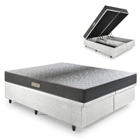 Cama Baú Casal 138x188 Bipartido Courino Linho Branco com Dual Firm Espuma Ecoflex