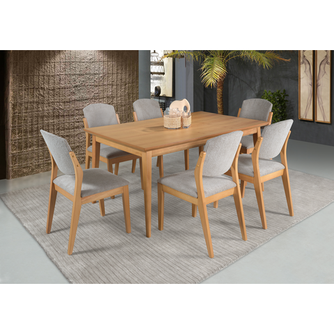 Sala de Jantar Mesa 1.60 com 6 Cadeiras Madeira Maçica Luxo - Amêndoa - Tecido Bouclé - Refinatto