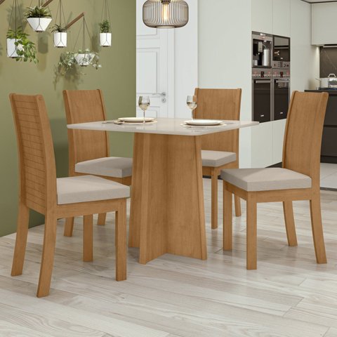 Conjunto Sala de Jantar 4 Lugares Quadrada Tampo MDF Mesa Celebrare e Cadeiras Athenas Marrom Amêndoa Clean/Off White/Linho Rinzai Bege