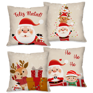 Kit com 4 Capas para Almofadas Natalinas Noel Boneco de Neve em Ação