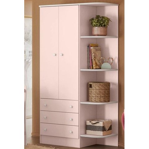 Guarda-roupa 2 Portas e 3 Gavetas Doce Sonho com Cantoneira Rosa Acetinado