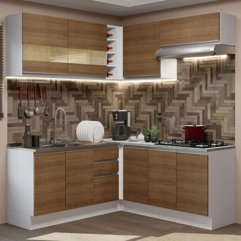 Armário de Cozinha Completa de Canto 349cm Branco/Rustic Glamy Madesa 01