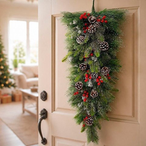 Guirlanda Natalina Nevada Decoração Coroa Parede Porta Verde 85cm