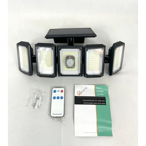 Luminária Solar com Sensor e Controle Remoto 300 Leds 5 Cabeças Placa Acoplada