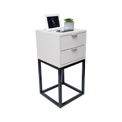 Mesa de Cabeceira Industrial 30cm Branco 2 Gavetas Pés Ferro Preto para Quarto Cama