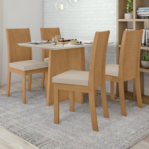 Conjunto Sala de Jantar 4 Lugares Retangular Tampo Vidro/MDF 120cm Mesa Celebrare Cadeiras Athenas Marrom Amêndoa Clean/Off White/Linho Rinzai Bege