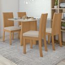 Ver imagem 1 de Conjunto Sala de Jantar 4 Lugares Retangular Tampo Vidro/MDF 120cm Mesa Celebrare Cadeiras Athenas Marrom Amêndoa Clean/Off White/Linho Rinzai Bege