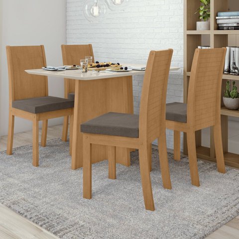 Conjunto Sala de Jantar 4 Lugares Retangular Tampo MDF Mesa Celebrare e Cadeiras Athenas Marrom Amêndoa Clean/Off White/Suede Animale Bege