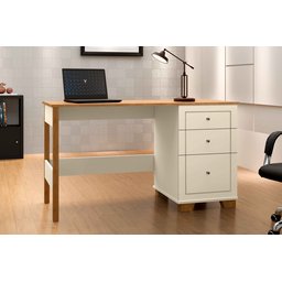 Escrivaninha Office 136cm 3 Gavetas Pés em Madeira Fenix Offwhite com Nature - Rede Móveis - 1