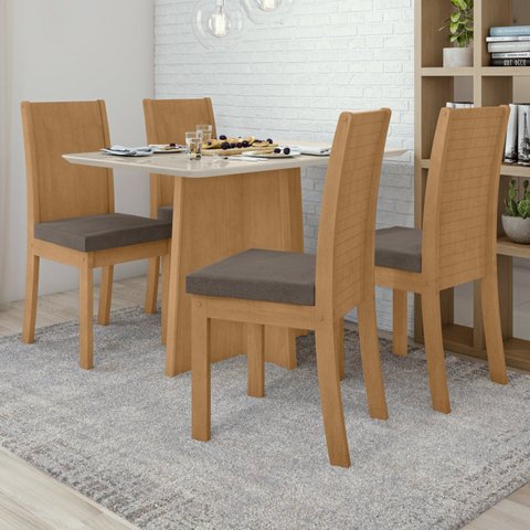 Conjunto Sala de Jantar 4 Lugares Retangular Tampo Vidro/MDF 120cm Mesa Celebrare Cadeiras Athenas Marrom Amêndoa Clean/Off White/Suede Animale Bege