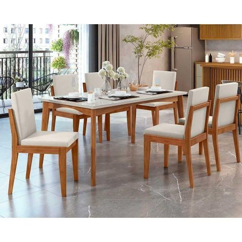 Conjunto Mesa de Cozinha Monalisa com Tampo Madeirado com Vidro 160cm e 6 Cadeiras Lady Natural