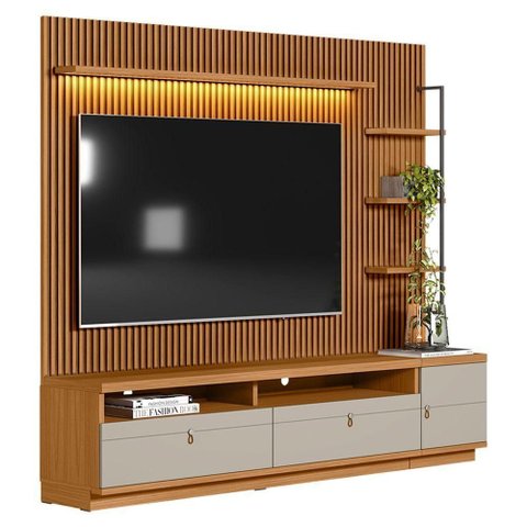 Painel para Tv até 75 Polegadas Ripado com Rack e Módulo Direito Nature e Off White D'Rossi