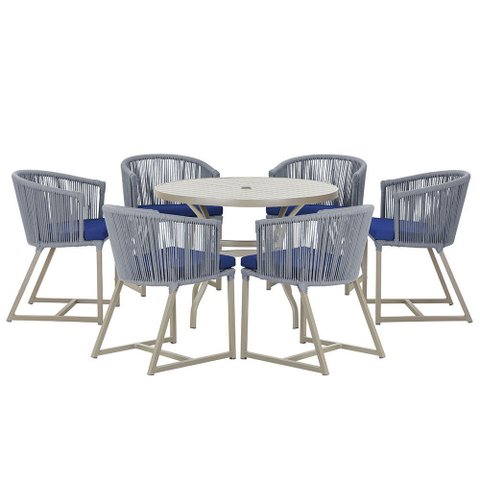 Mesa com 6 Cadeiras de Jantar Roma 120cm e Noronha em Alumínio Fendi Corda Náutica Estofado 10 Trama