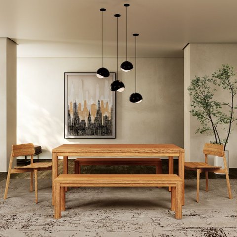Mesa de Jantar 180cm 1555nc com 2 Cadeiras 1557nc e 2 Bancos 1556nc Nature Rústico Claro Finestra