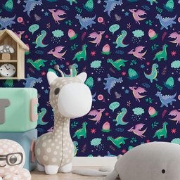 Papel de Parede Infantil Dinossauros Coloridos Fundo Azul-60x300cm - 1