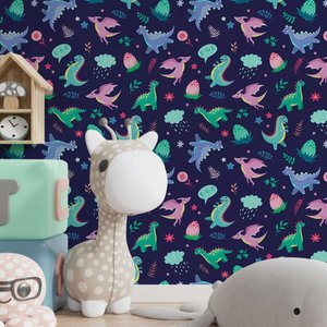 Papel de Parede Infantil Dinossauros Coloridos Fundo Azul-60x300cm