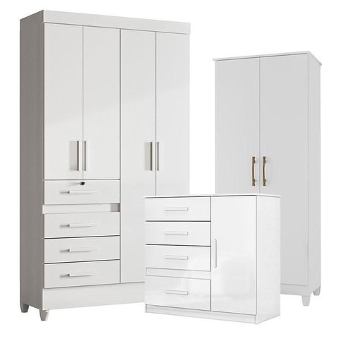 Guarda Roupa Infantil Sobral com Cômoda Vênus e Armário Multiuso Jade Branco Brilho – Moval