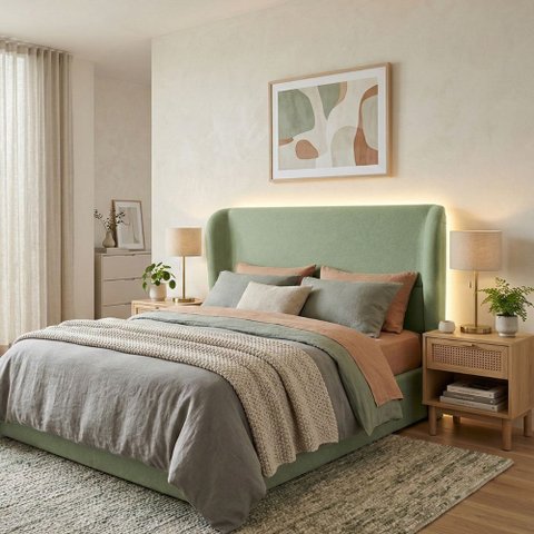 Cabeceira Cama Casal Livia 140cm Orgânica Curva Bouclê Verde - Montanari's Decor