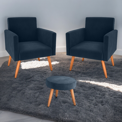 Conjunto Poltronas e Puff Anari Veludo Azul