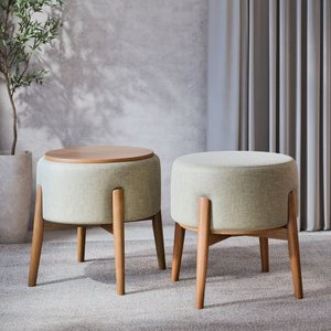 Kit 2 Puffs Dual 2 em 1 Acabamento Moderno Vira Mesa de Apoio Linho Cinza