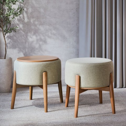 Kit 2 Puffs Dual 2 em 1 Acabamento Moderno Vira Mesa de Apoio Linho Cinza