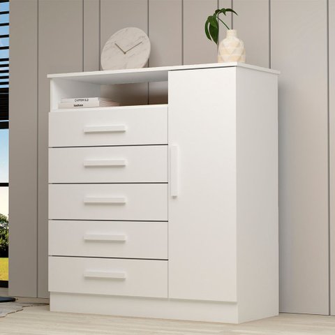 Cômoda 1 Porta 5 Gavetas 100% MDF 95cm Nemésia Espresso Móveis Branco