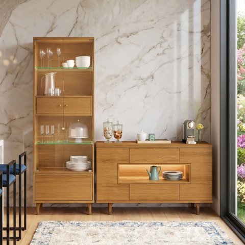 Kit Aparador Buffet Lizzano e Cristaleira com LED para Sala de Jantar Lúmen B01 Cinamomo - Lyam Deco