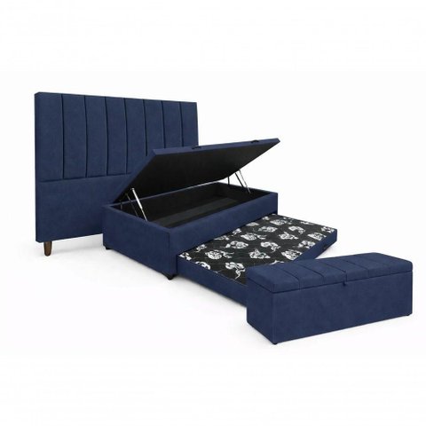 Kit de Quarto Heitor Bicama Baú Solteiro com Cabeceira e Calçadeira Baú Veludo Azul Mar do Lar