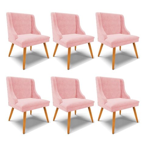 Kit 6 Cadeiras Decorativas Sala de Jantar Pés Palito de Madeira Firenze Suede Rosa Bebê/natural