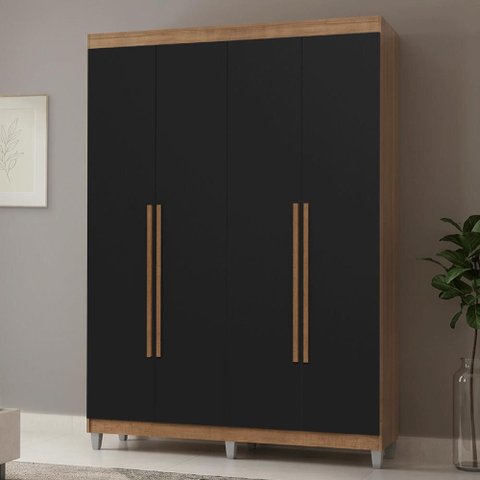 Guarda-Roupa Solteiro com Pés 4 Portas Batentes Rustic/Preto/Rustic Netuno Madesa