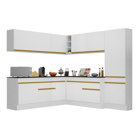 Armário de Cozinha Completa de Canto com Rodapé Veneza Multimóveis V2102 Branco/Dourado