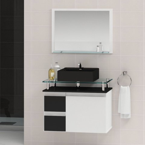 Conjunto para Banheiro Gabinete com Cuba e Espelheira 60cm Diamante Branco/Preto