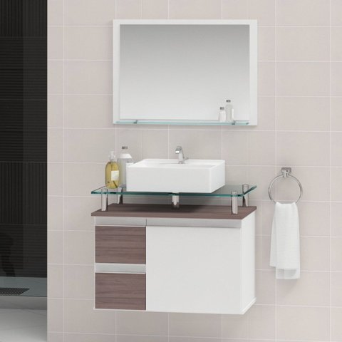Conjunto para Banheiro Gabinete com Cuba e Espelheira 60cm Diamante Branco/Rustico