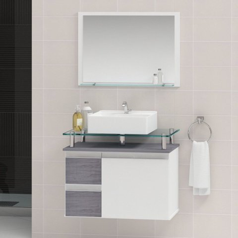 Conjunto para Banheiro Gabinete com Cuba e Espelheira 60cm Diamante Branco/Rovere
