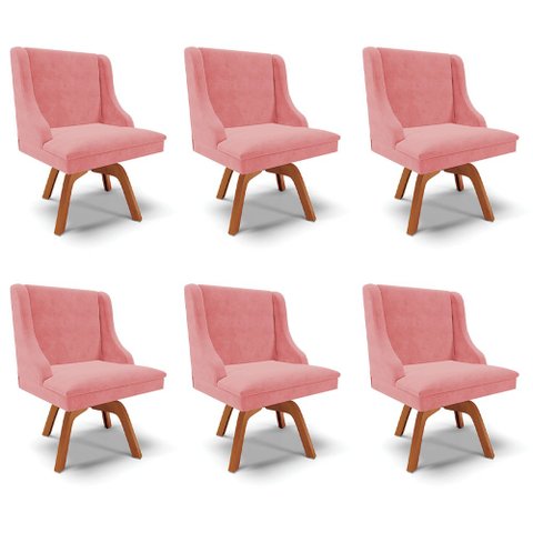 Kit 6 Cadeiras Decorativas Sala de Jantar Base Giratória de Madeira Firenze Suede Rosê/Natural G19 -