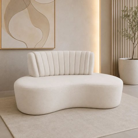 Sofá Orgânico Curvo Luxo Mavie 160cm Sala Bouclê Bege Bege Liso
