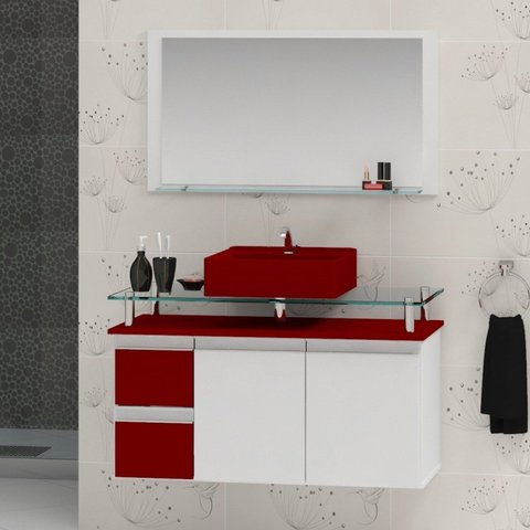 Conjunto para Banheiro Gabinete com Cuba e Espelheira 80cm Diamante Branco/Vinho
