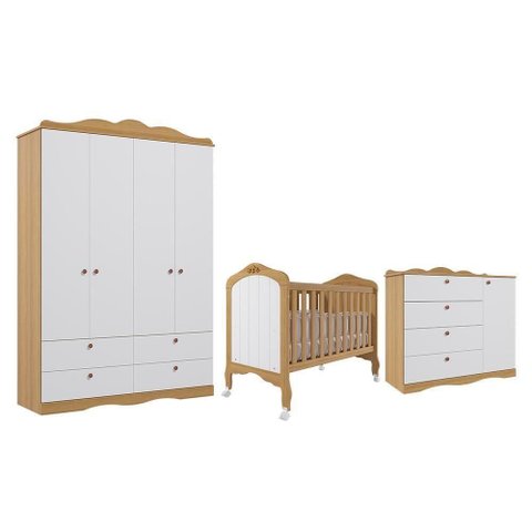 Dormitório Completo Infantil Guarda-Roupa, Cômoda e Berço Harmonia Nature-Branco - Permóbili
