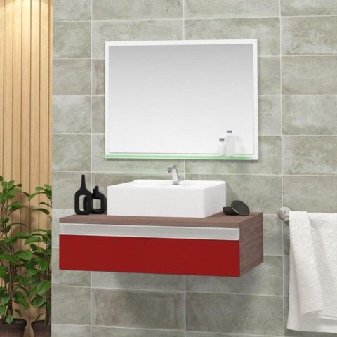 Conjunto para Banheiro Gabinete com Cuba e Espelheira 60cm Safira Marrom/Vinho