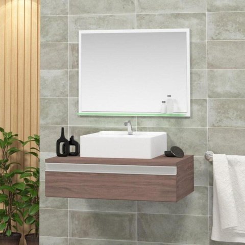 Conjunto para Banheiro Gabinete com Cuba e Espelheira 60cm Safira Marrom/Rustico