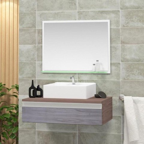 Conjunto para Banheiro Gabinete com Cuba e Espelheira 60cm Safira Marrom/Rovere